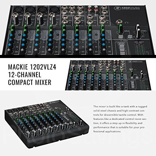  Photo Savings Mackie 1202VLZ4 12-Channel Compact Mixer and Premium Accessory Bundle w Professional Microphone, Mic Stand, Closed-Back Headphones, 11X Cables, and Fibertique Cloth