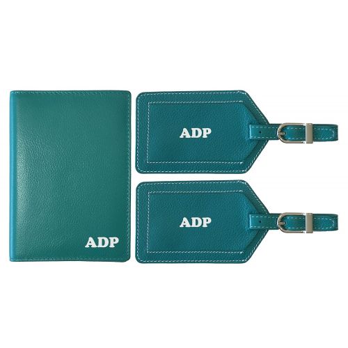  123 Cheap Checks Personalized Monogrammed Teal Leather RFID Passport Wallet and 2 Luggage Tags