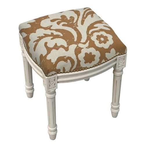  123 Creations Jacobean Foam/Linen/Wood Floral Antique White Finish Nail Head-Accented Vanity Stool