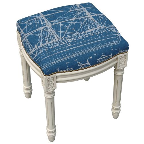  123 Creations Ship Navy Blue and Antique-White-Finished Wood, Foam, Linen, and Metal Nailhead Tall Vanity Stool