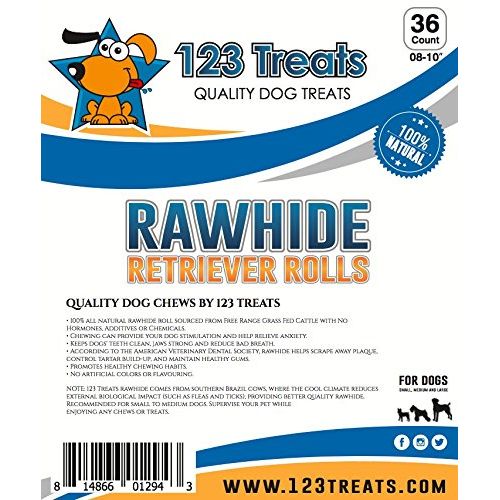  123 Treats Premium Rawhide Retriever Rolls for Dogs  100% All-Natural Grass-Fed Free-Range Small Beef Rawhide Rolls Bulk  High-Protein Healthy Chew Treats to Improve Pet Dental H