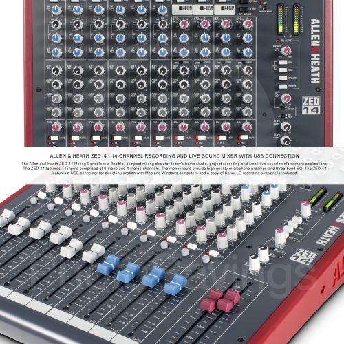  Photo Savings Allen & Heath ZED14 14-Channel Recording Live Sound Mixer with USB Interface and Deluxe Bundle w Semi-Open Studio Reference Headphones,13x Cables, Fibertique