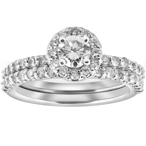  14K White Gold 1 cttw Diamond Round Halo Engagement Wedding Ring Set by Bliss