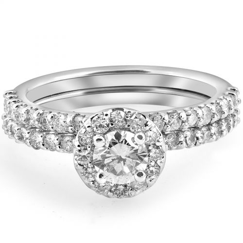  14K White Gold 1 cttw Diamond Round Halo Engagement Wedding Ring Set by Bliss