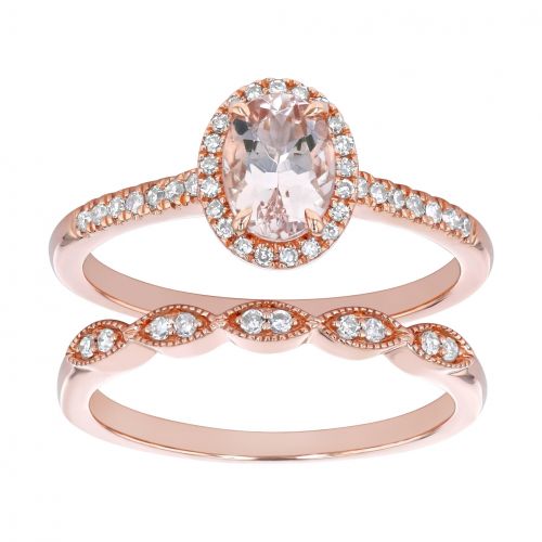  14k Rose Gold 14ct TDW Oval Morganite and Diamond Halo Vintage Set by BHC