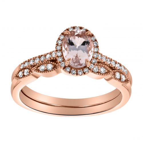  14k Rose Gold 14ct TDW Oval Morganite and Diamond Halo Vintage Set by BHC