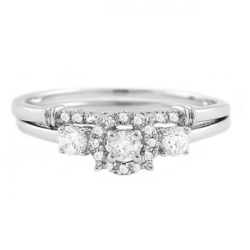  14k White Gold 13ct TDW 3-stone Halo Bridal Ring Set by BHC