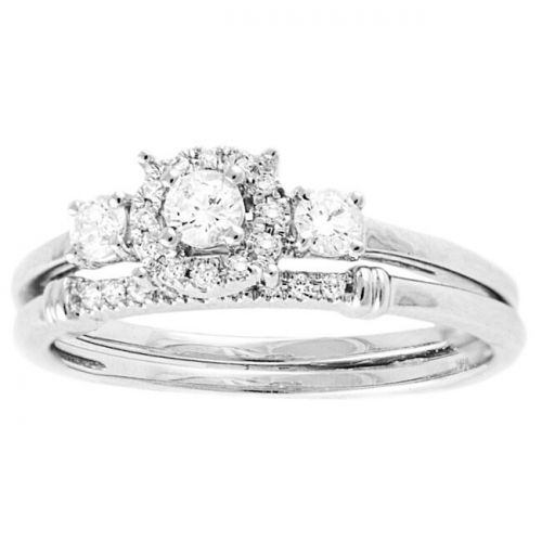  14k White Gold 13ct TDW 3-stone Halo Bridal Ring Set by BHC