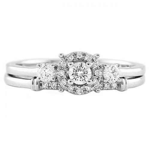  14k White Gold 13ct TDW 3-stone Halo Bridal Ring Set by BHC