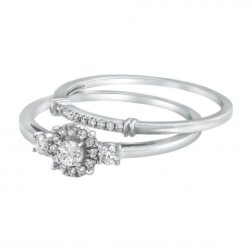  14k White Gold 13ct TDW 3-stone Halo Bridal Ring Set by BHC