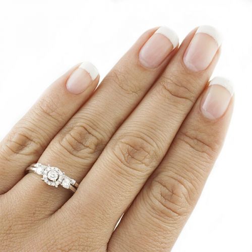  14k White Gold 13ct TDW 3-stone Halo Bridal Ring Set by BHC