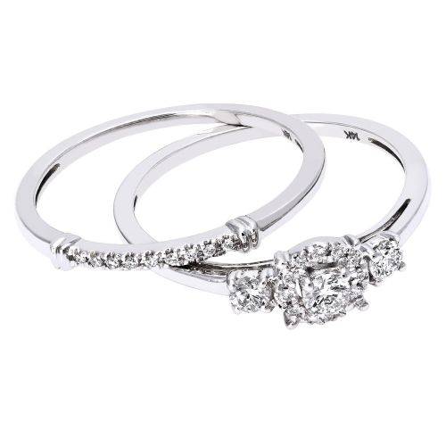  14k White Gold 13ct TDW 3-stone Halo Bridal Ring Set by BHC