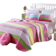 1500 HNNSI Queen Size Kids Girls Comforter Quilt Sets 3 Pieces, Pink Dot Striped Comfy Cotton Girls Bedspread, Pretty Girls Bedding Set