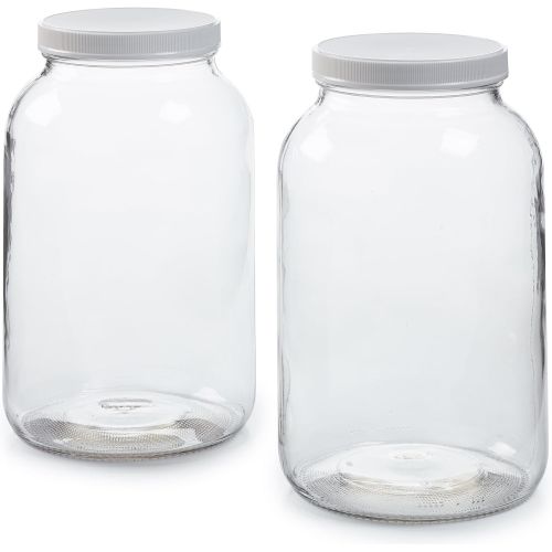  1790 2 Pack - 1 Gallon Glass Jar w/Plastic Airtight Lid, Muslin Cloth, Rubber Band - Wide Mouth Easy to Clean - BPA Free & Dishwasher Safe - Kombucha, Kefir, Canning, Sun Tea, Fermentat