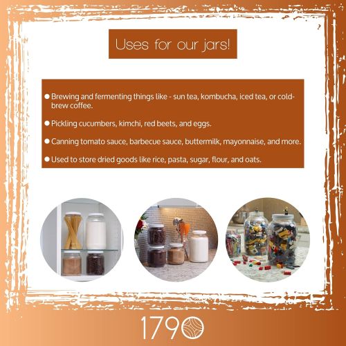  1790 2 Pack - 1 Gallon Glass Jar w/Plastic Airtight Lid, Muslin Cloth, Rubber Band - Wide Mouth Easy to Clean - BPA Free & Dishwasher Safe - Kombucha, Kefir, Canning, Sun Tea, Fermentat