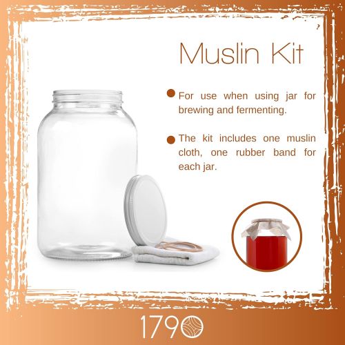  1790 2 Pack - 1 Gallon Glass Jar w/Plastic Airtight Lid, Muslin Cloth, Rubber Band - Wide Mouth Easy to Clean - BPA Free & Dishwasher Safe - Kombucha, Kefir, Canning, Sun Tea, Fermentat