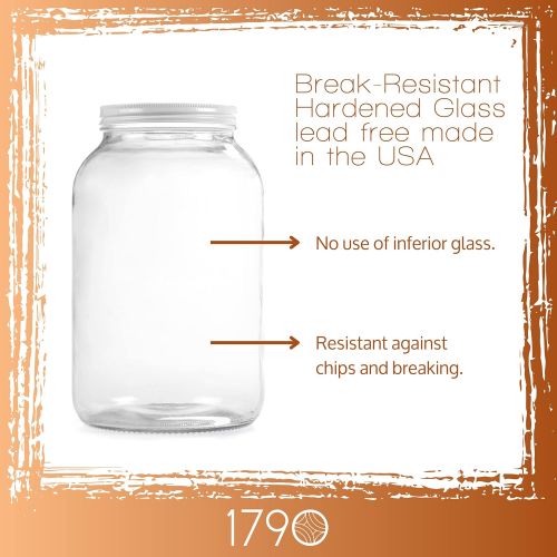  1790 2 Pack - 1 Gallon Glass Jar w/Plastic Airtight Lid, Muslin Cloth, Rubber Band - Wide Mouth Easy to Clean - BPA Free & Dishwasher Safe - Kombucha, Kefir, Canning, Sun Tea, Fermentat
