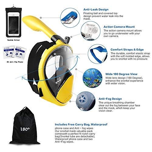  180° Snorkel Mask View for Adults and Youth. Full Face Free Breathing Design.[Free Bonuses] Cell Phone Universal Waterproof Case (Dry Bag) and Anti-Fog Wipes