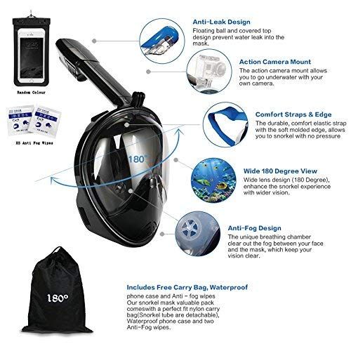  180° Snorkel Mask View for Adults and Youth. Full Face Free Breathing Design.[Free Bonuses] Cell Phone Universal Waterproof Case (Dry Bag) and Anti-Fog Wipes