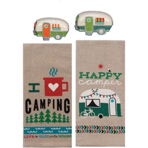  18th Street Gifts Happy Camper Dish Towels and Salt Pepper Set, 4 Piece Set of Camping Decor for RV