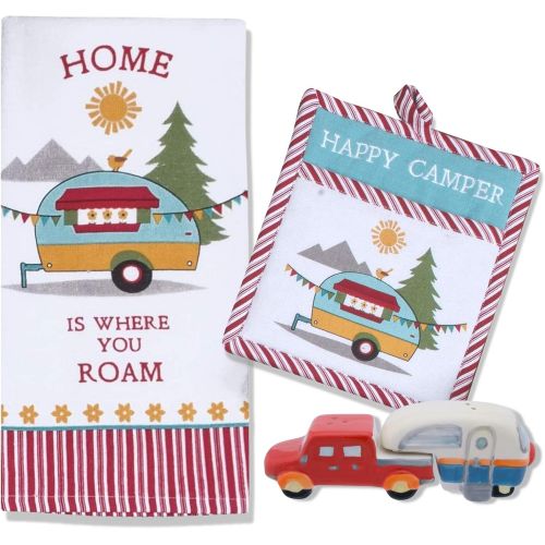  18TH STREET GIFTS Happy Camper RV Decor - Dish Towel, Oven Mitt, and Salt Pepper Set - Camper Decorations for Travel Trailers