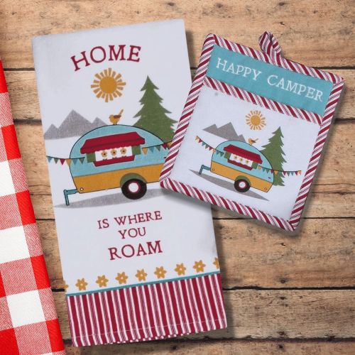  18TH STREET GIFTS Happy Camper RV Decor - Dish Towel, Oven Mitt, and Salt Pepper Set - Camper Decorations for Travel Trailers