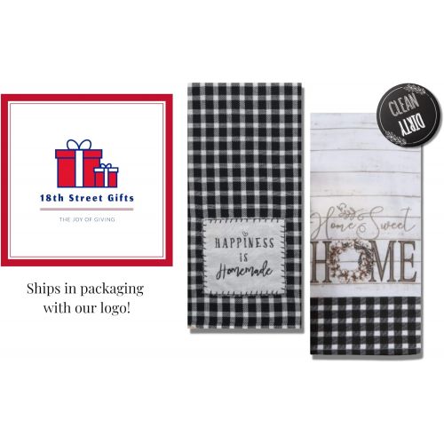  [아마존베스트]18TH STREET GIFTS Farmhouse Kitchen Towels, Set of 2 Black and White Buffalo Plaid Towels - Happiness is Homemade and Home Sweet Home