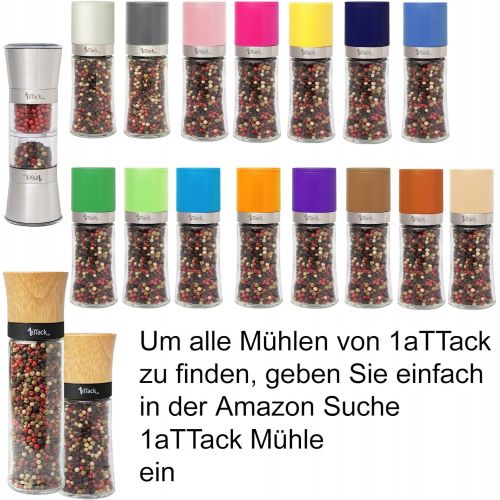  1aTTack.de Pfeffermuehle Salzmuehle Gewuerzmuehle unbefuellt mit Keramik Mahlwerk in Geschenk Verpackung - 140ml - Hoehe 13.5cm - schwarz mit Edelstahl