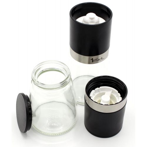  1aTTack.de Pfeffermuehle Salz Pfeffer Set (2 Stueck) Echtglas, Edelstahl Ring, Einstellbarer Feinheit, Gewuerzmuehle schwarz 140ml