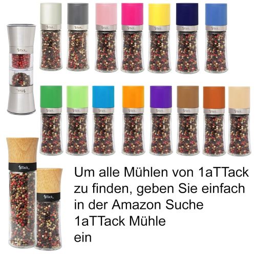  1aTTack.de Pfeffermuehle Salzmuehle Gewuerzmuehle unbefuellt mit Keramik Mahlwerk im Set (8-teilig - 4 Muehlen + 4 Ersatzglaser) in Geschenk Verpackung - 140ml - Hoehe 13.5cm - weiss