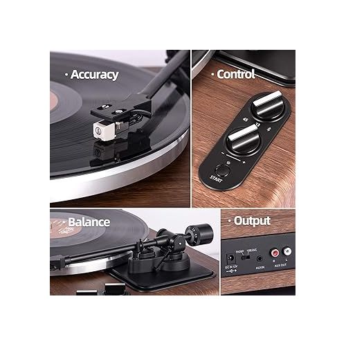  1 by ONE High Fidelity Belt Drive Turntable with Built-in Speakers, Vinyl Record Player with Magnetic Cartridge, Bluetooth Playback and Aux-in Functionality, Auto Off