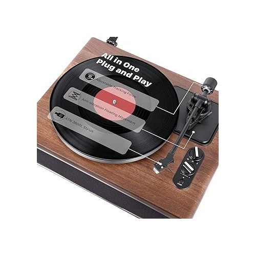  1 by ONE High Fidelity Belt Drive Turntable with Built-in Speakers, Vinyl Record Player with Magnetic Cartridge, Bluetooth Playback and Aux-in Functionality, Auto Off