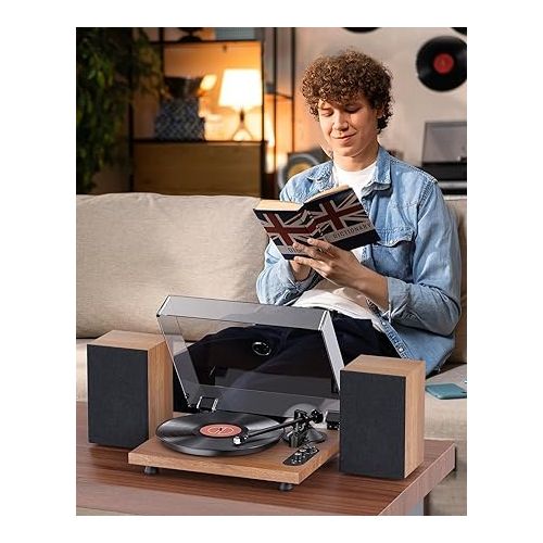  1 by ONE Record Player, Hi-Fi System Bluetooth Turntable Players with Stereo Bookshelf Speakers, Phono Preamp, AT-3600L, Adjustable Counterweight, Bluetooth Output&Input, 2-Speed Belt Drive