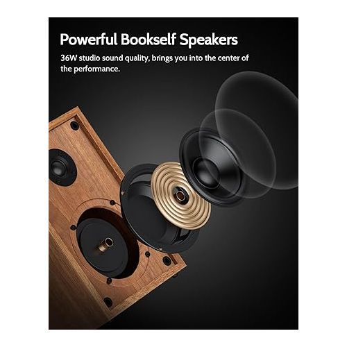  1 by ONE Bluetooth Turntable HiFi System with 36 Watt Bookshelf Speakers, Patend Designed Vinyl Record Player with Magnetic Cartridge, Bluetooth Playback and Auto Off