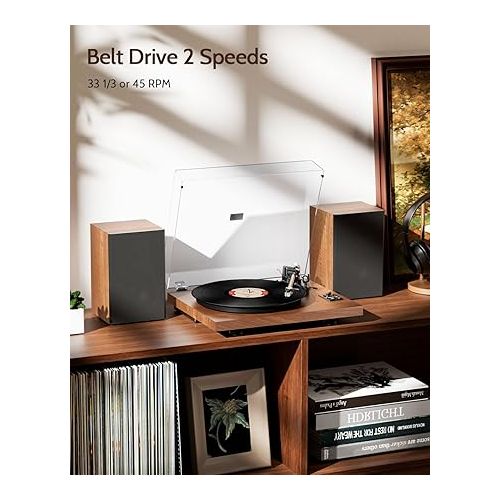  1 by ONE Bluetooth Turntable HiFi System with 36 Watt Bookshelf Speakers, Patend Designed Vinyl Record Player with Magnetic Cartridge, Bluetooth Playback and Auto Off