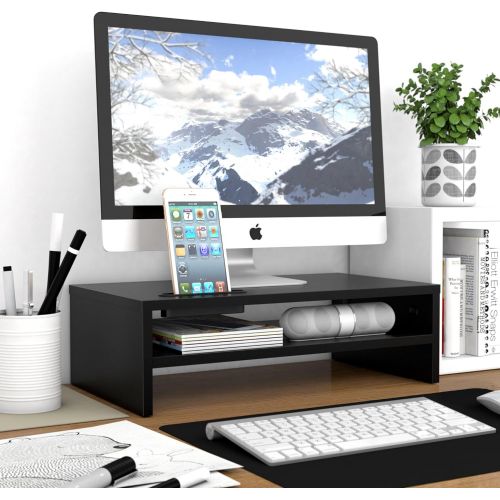  [아마존베스트]1home Wood Monitor Stand Arm Riser Desk Storage Organizer, Speaker TV Laptop Printer Stand with Cellphone Holder and Cable Management, 16.7 inch 2 Tiers Shelves Black