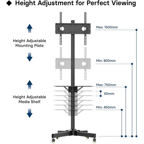  [아마존베스트]1home Mobile TV Cart Rolling TV Stand for 23-55 inch LCD LED Plasma Display Trolley Floor Stand with Locking Wheels