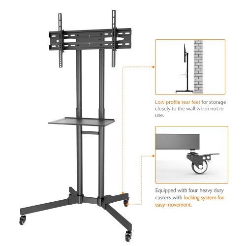 비보 1home Rolling TV Cart Mobile TV Stand with Laptop Shelf & Locking Wheels for 32 to 65 inch LCD LED OLED Plasma Flat Panel Screen Height Adjustable, Black