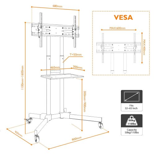 비보 1home Rolling TV Cart Mobile TV Stand with Laptop Shelf & Locking Wheels for 32 to 65 inch LCD LED OLED Plasma Flat Panel Screen Height Adjustable, Black