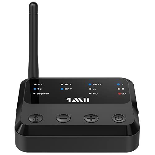  [Upgraded] 1Mii Bluetooth 5.0 Transmitter Receiver for TV/BT Headphones, Wireless Bluetooth Receiver for Home Stereo/Speakers, Built in Battery Audio Adapter Support aptX LL & HD -