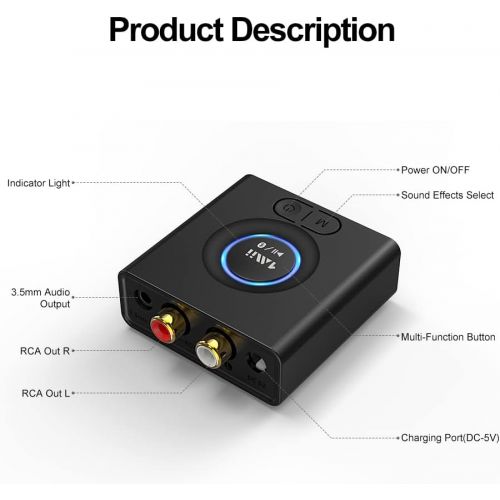  1Mii Bluetooth 5.0 Audio Receiver, Wireless Audio Adapter for Home Stereo Music Streaming System with 3.5 mm RCA, Bass Mode, 12hrs Playtime(Upgraded)