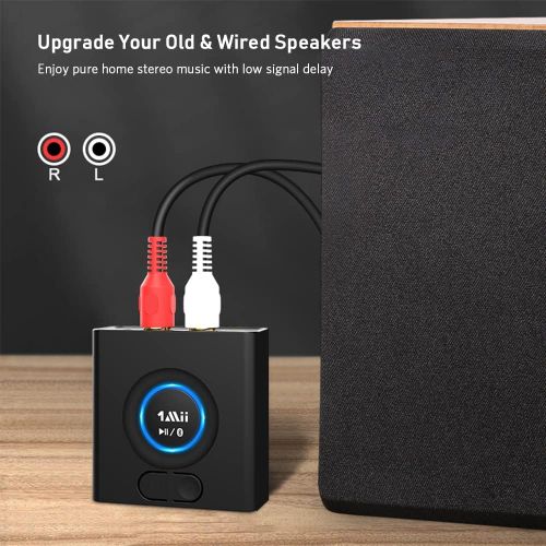  1Mii Bluetooth 5.0 Audio Receiver, Wireless Audio Adapter for Home Stereo Music Streaming System with 3.5 mm RCA, Bass Mode, 12hrs Playtime(Upgraded)