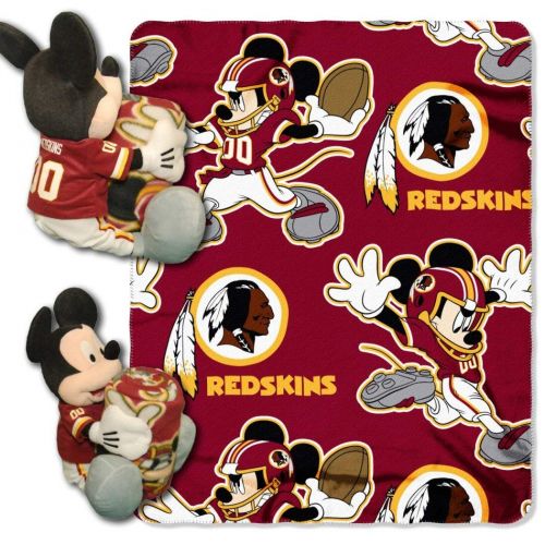  2 Piece NFL Redskins Throw Blanket Full Set With Disney Mickey Mouse Character Shaped Pillow, Sports Patterned Bedding Team Logo Fan Maroon, Gold, White, Polyester