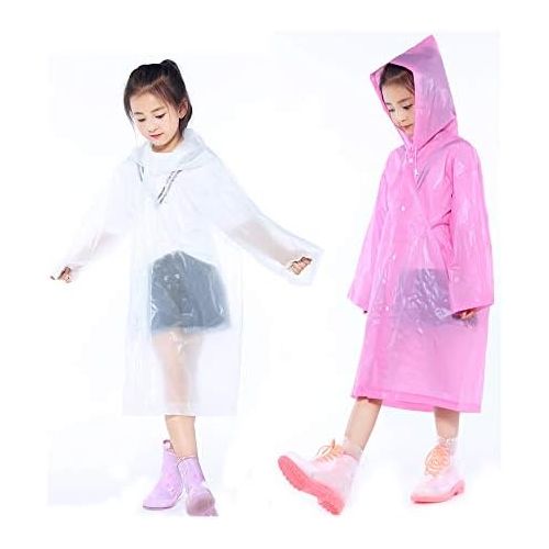  [아마존베스트]YiHee 2 Packs Kids Rain Ponchos, Portable Reusable Emergency Raincoat for 6-12 Years Old Boys Girls, Children Rain Wear for Outdoor Activities - White&Pink