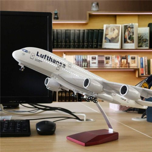  24-Hours 18” 1:160 1 Scale Model Airplane Model Lufthansa A380 with LED Light(Touch or Sound Control) for Business Gift