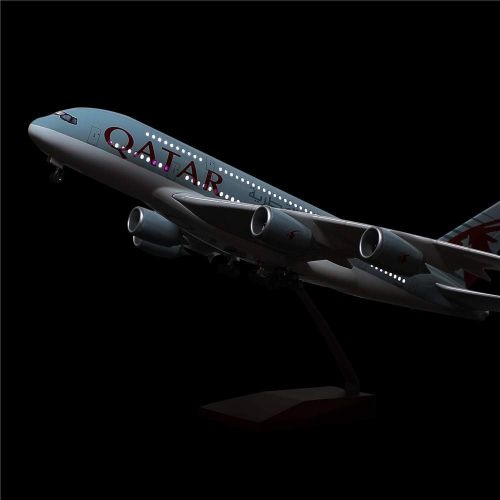  24-Hours 18” 1 160 Scale Airplane Model Qatar A380 with LED Light(Touch or Sound Control) for Decoration or Gift