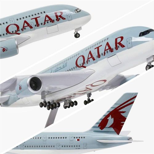  24-Hours 18” 1 160 Scale Airplane Model Qatar A380 with LED Light(Touch or Sound Control) for Decoration or Gift