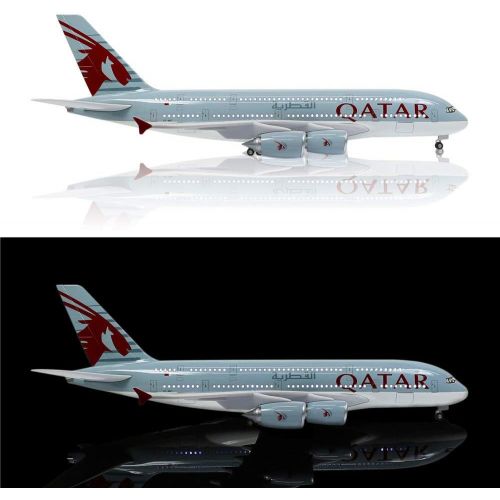  24-Hours 18” 1 160 Scale Airplane Model Qatar A380 with LED Light(Touch or Sound Control) for Decoration or Gift