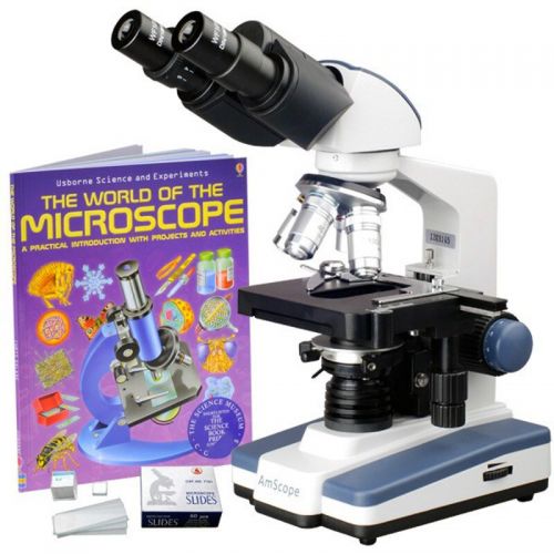  2500x LED Lab Binocular Compound Microscope with Book and Blank Slide Set by AmScope