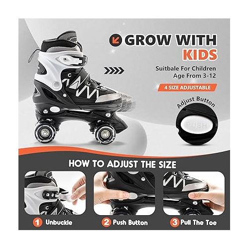  2PM SPORTS Roller Skates for Girls, 4 Size Adjustable Light up Kids Skates, Beginner Roller Skates for Boys Indoor Outdoor